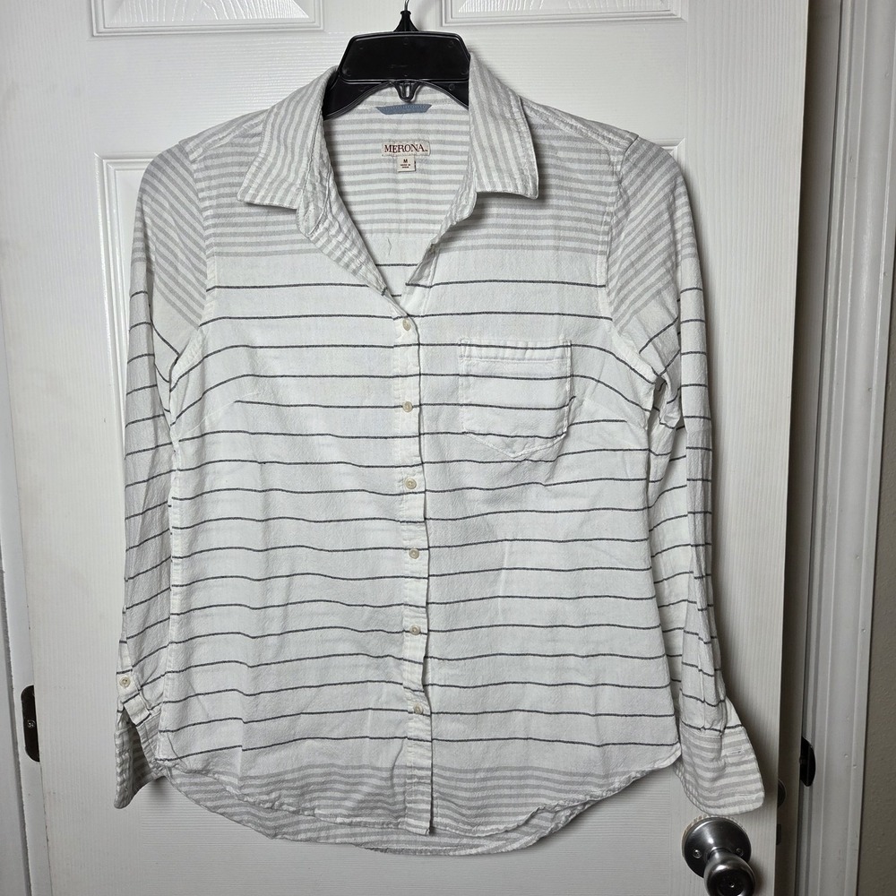 Merona sz M striped button up long sleeve top 100% cotton tunic casual fall